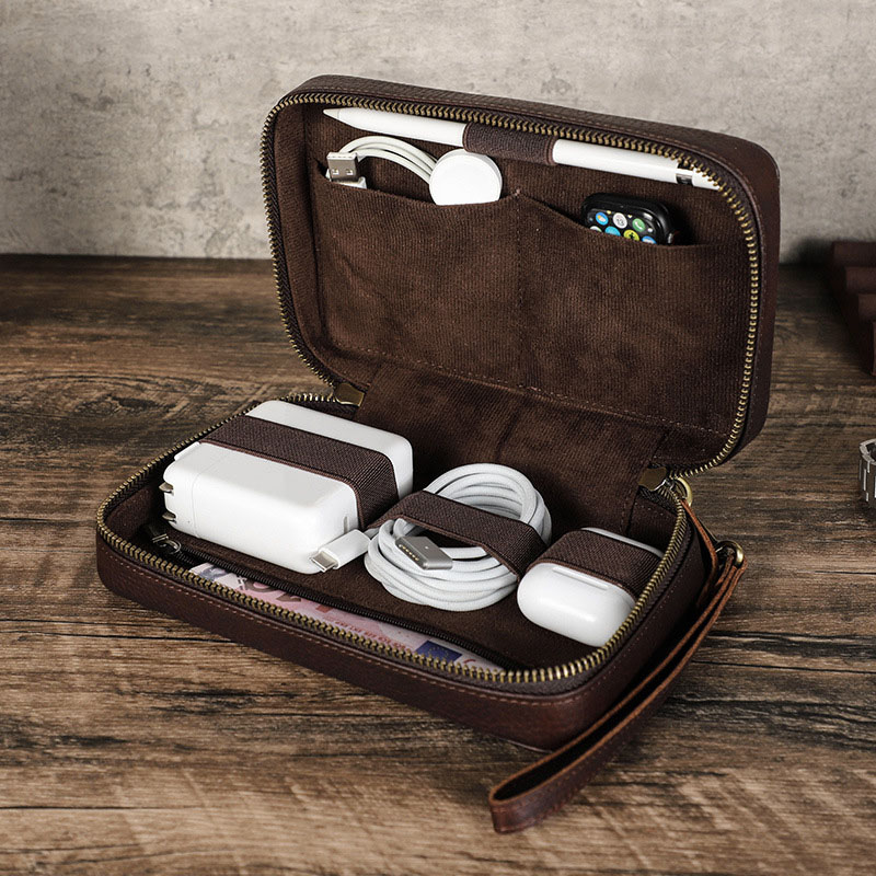 Tech Accessories Case - Vintage braune Echtleder-Organizer-Tasche mit mehreren Fächern